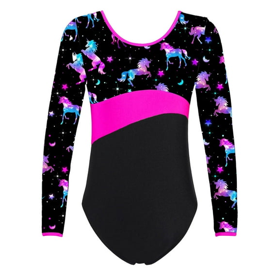 Sholeno Kids Girls Long Sleeve Gymnastics Leotards Ballet Dancewear One-piece Short Unitard Bodysuit Night Pegasus 14