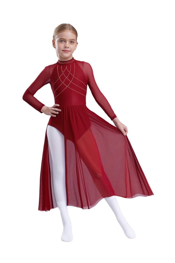 Kids Girls Long Sleeve Lyrical Dance Dress Contemporary Dance Dress Flowy Mesh Maxi Skirted Leotard Burgundy 8