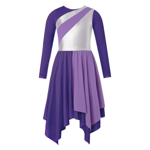 Sholeno Kids Girls Long Sleeve Praise Dance Dress Metallic Liturgical Worship Dance Dress Lavender 12