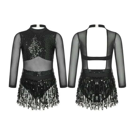 Sholeno Kids Girls Long Sleeve Tassel Dance Dress Latin Salsa Tango Rumba Tutu Leotard Sequined Dancewear Black 10