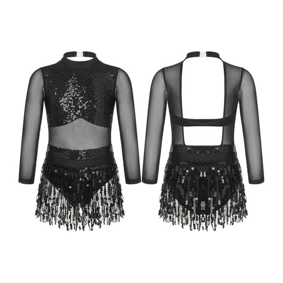Sholeno Kids Girls Long Sleeve Tassel Dance Dress Latin Salsa Tango Rumba Tutu Leotard Sequined Dancewear Black 6