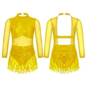 Sholeno Kids Girls Long Sleeve Tassel Dance Dress Latin Salsa Tango Rumba Tutu Leotard Sequined Dancewear Gold 14