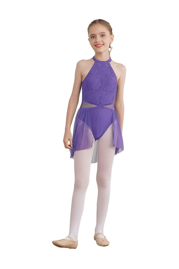 Kids Girls Lyrical Ballet Jazz Modern Dance Dress Figure Ice Skating Leoatrd Dress with Wrap Purple 6