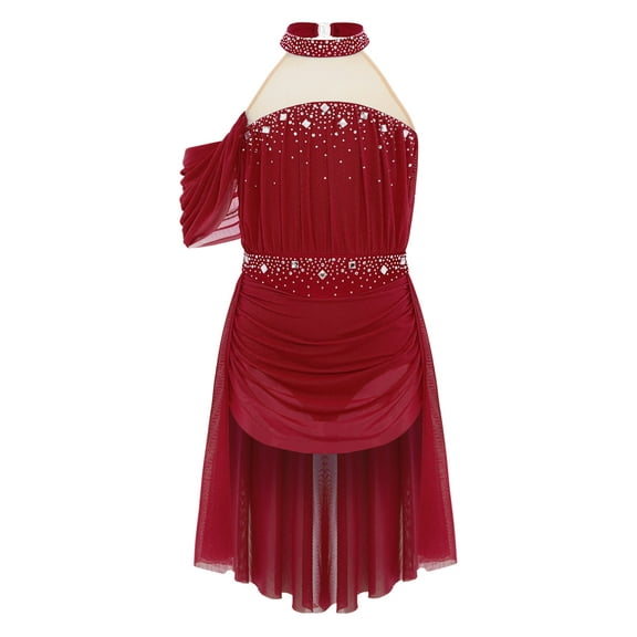 Sholeno Kids Girls Lyrical Dance Dress Ballet Leotard with Ruched High Low Wrap Skirt Figure Skating Dancewear Burgundy 6