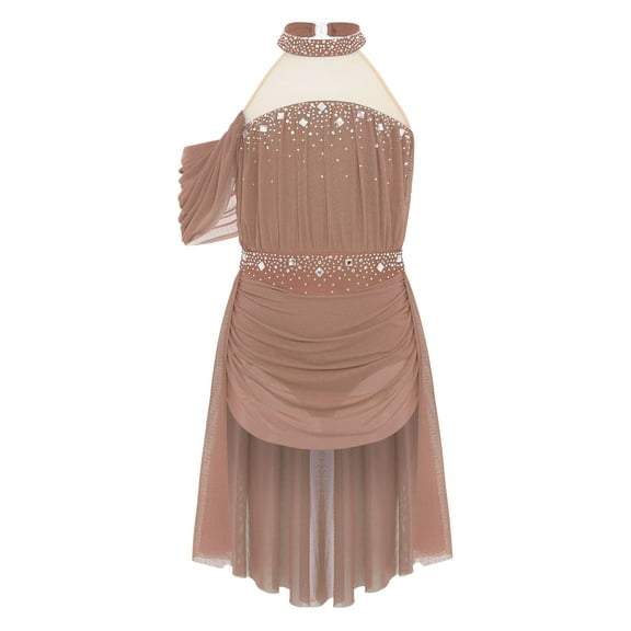 Sholeno Kids Girls Lyrical Dance Dress Ballet Leotard with Ruched High Low Wrap Skirt Figure Skating Dancewear Dusty Pink 10