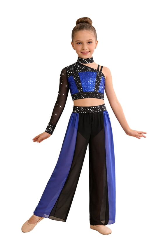 Kids Girls Lyrical Dance Outfit Asymmetrical Mesh Long Sleeve Shiny Crop Top with Flowy Chiffon Pants Set Royal Blue 6