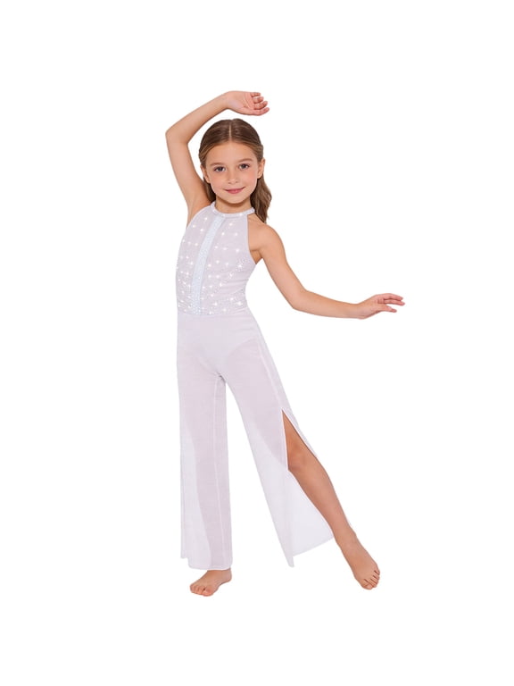 Kids Girls Lyrical Latin Jazz Dance Jumpsuit Shiny Dance Romper Gymnastics Leotard Wide Leg Bodysuit White 6