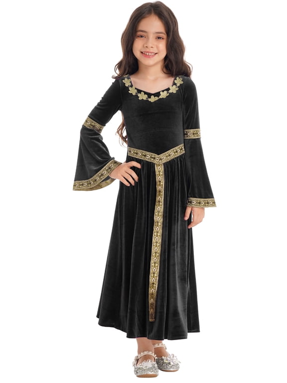 Kids Girls Medieval Princess Costume Renaissance Robe Maxi Ball Gown Bell Sleeve Dress Black 12