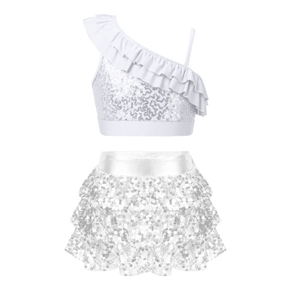 Sholeno Kids Girls Metallic Crop Top with Skirt Sequined 2 Piece Dance Outfit Set Jazz Latin Ballroom Silver 6