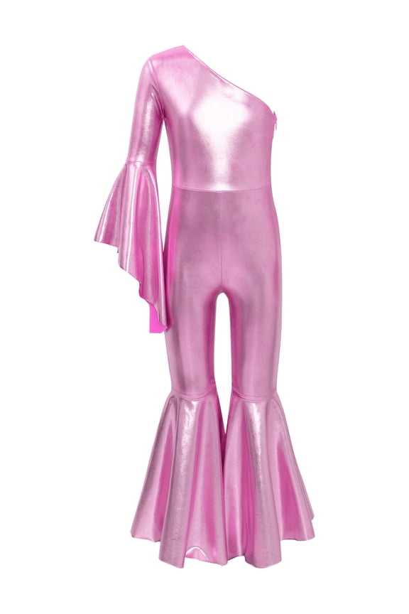 Kids Girls Metallic Shiny Dance Leotard One Shoulder Bell-Bottom Jumpsuit Jazz Dance Disco Pink 6