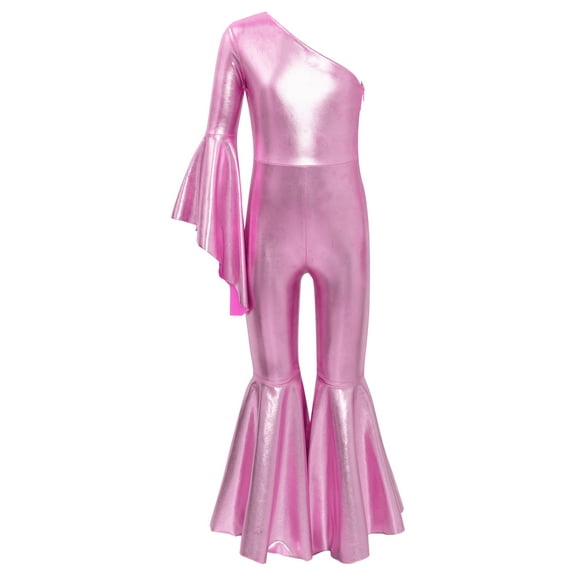 Sholeno Kids Girls Metallic Shiny Dance Leotard One Shoulder Bell-Bottom Jumpsuit Jazz Dance Disco Pink 8
