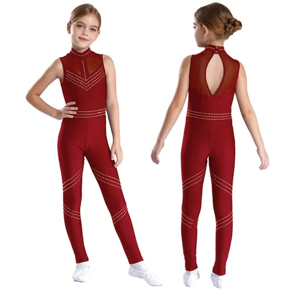 Sholeno Kids Girls Mock Neck Full Body Unitard Sleeveless Bodysuit Sparkly Dance Leotard Practice Activewear Burgundy 12