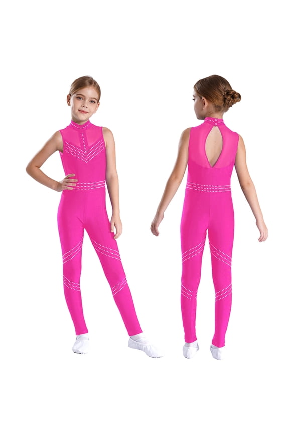 Kids Girls Mock Neck Full Body Unitard Sleeveless Bodysuit Sparkly Dance Leotard Practice Activewear Hot Pink 8
