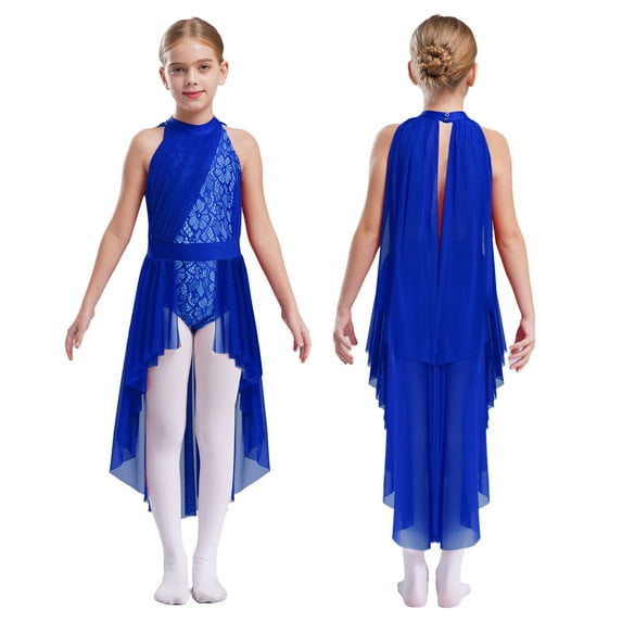 Sholeno Kids Girls Modern Lyrical Dance Dress Floral Lace Contemporary Dance Dress Skirt Ballet Leotard Blue 8