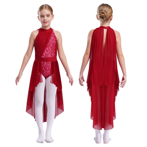 Sholeno Kids Girls Modern Lyrical Dance Dress Floral Lace Contemporary Dance Dress Skirt Ballet Leotard Burgundy 8
