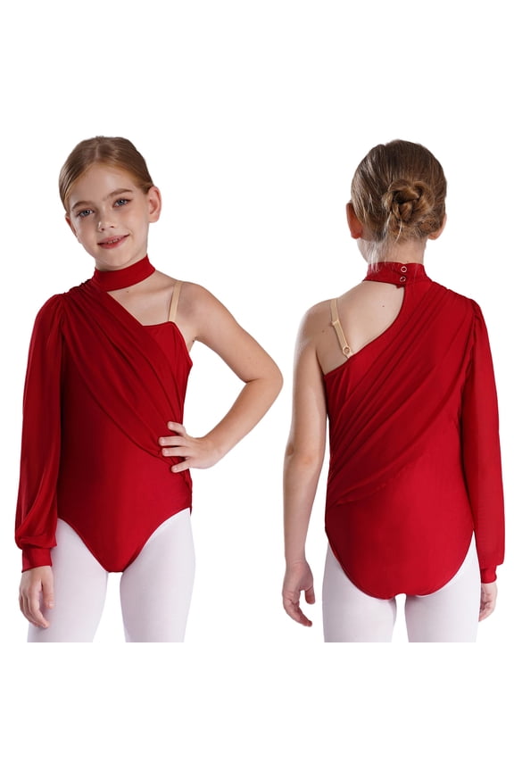 Kids Girls One Shoulder Gymnastics Leotard Ballet Dance Bodysuit Jumpsuit Biketard Dancewear Burgundy 8
