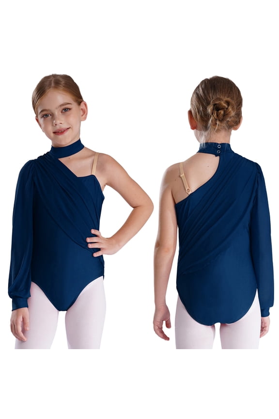 Kids Girls One Shoulder Gymnastics Leotard Ballet Dance Bodysuit Jumpsuit Biketard Dancewear Navy Blue 8