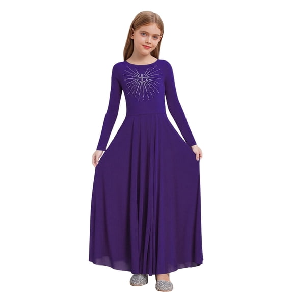 Sholeno Kids Girls Praise Dance Dress Long Sleeve Worship Liturgical Full Length Swing Skirt Lyrical Dancewear Purple 14