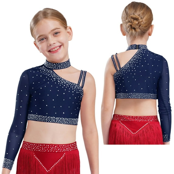 Sholeno Kids Girls Rhinestone Irregular Shoulder Ballet Jazz Modern Lyrical Dance Crop Tops for Performance Navy Blue 6