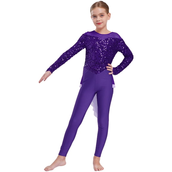 Sholeno Kids Girls Sequin Full Body Leotard Long Sleeve Gymnastics Ballet Dance Unitard Jumpsuit with Skirt Purple 10