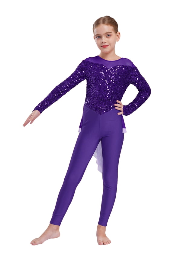 Kids Girls Sequin Full Body Leotard Long Sleeve Gymnastics Ballet Dance Unitard Jumpsuit with Skirt Purple 10
