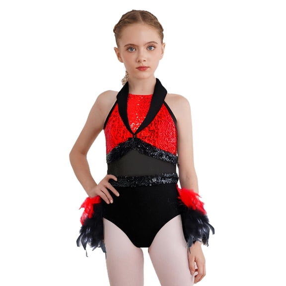 Sholeno Kids Girls Sequin Jazz Dance Bodysuit Feather Skirted Sleeveless Gymnastics Ballet Leotards Red 8