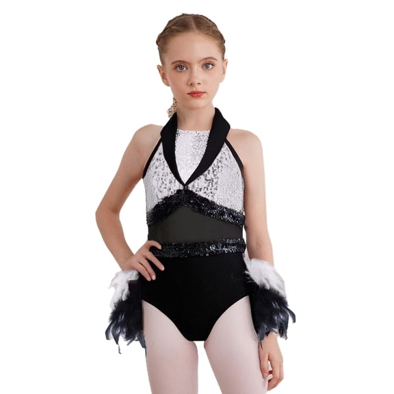 Sholeno Kids Girls Sequin Jazz Dance Bodysuit Feather Skirted Sleeveless Gymnastics Ballet Leotards White 10