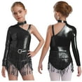 thumbnail image 1 of Sholeno Kids Girls Sequin Latin Dance Tassel Dress Leotard Shiny Asymmetrical Shoulder Fringe Skirted Bodysuit Black 8, 1 of 7