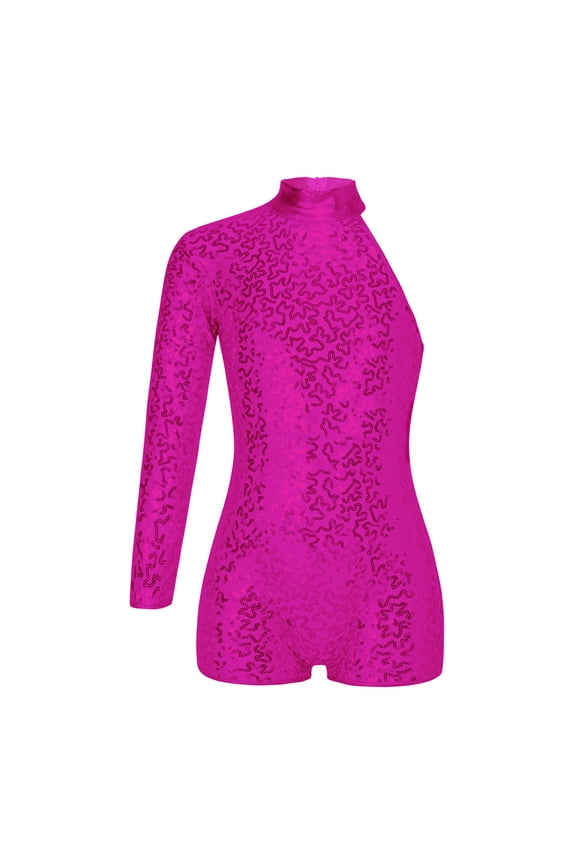 Kids Girls Sequins Ballet Dance Clothes Single Long Sleeve Gymnastics Leotard Unitard with Hot Pink 10