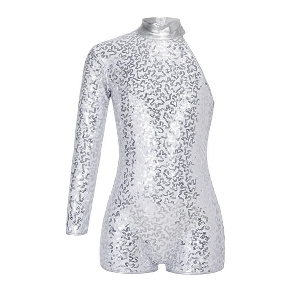 Sholeno Kids Girls Sequins Ballet Dance Clothes Single Long Sleeve Gymnastics Leotard Unitard with Silver 16
