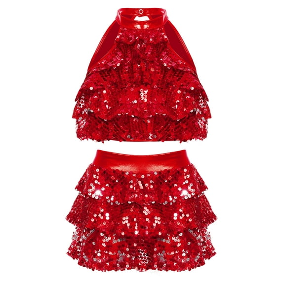 Sholeno Kids Girls Sequins Halter Tiered Crop Top with Skirt Latin Jazz Modern Salsa Samba Rumba Red 10