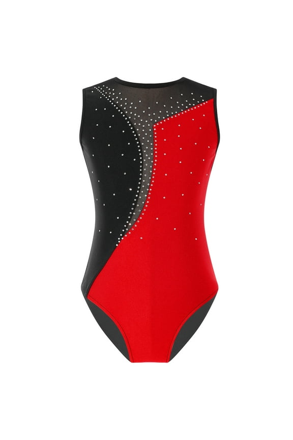 Kids Girls Shinny Rhinestone Sleeveless Dance Leotard Color Block Bodysuit Ballet Gymnastic Red 14