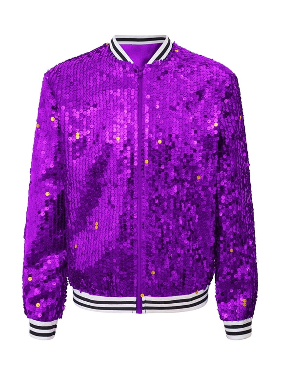 Kids Girls Shiny Baseball Jacket Flip Sequin Blazer Jacket Coat Long Sleeve Zipper Outerwear Purple 16