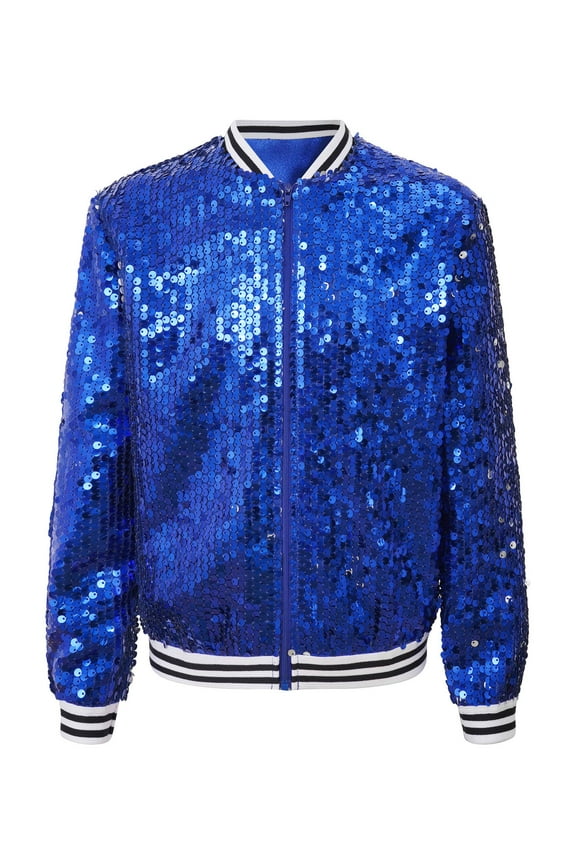 Kids Girls Shiny Baseball Jacket Flip Sequin Blazer Jacket Coat Long Sleeve Zipper Outerwear Royal Blue 12