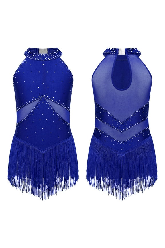 Kids Girls Shiny Dance Dress for Latin Jazz Lyrical Dance Costume Salsa Rumba Ballroom Costume Tassel Leotard Blue 8