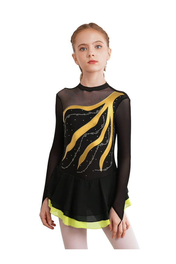 Kids Girls Shiny Ice Figure Skating Dress Mesh Long Sleeve Roller Skating Dance Competition Yellow 8