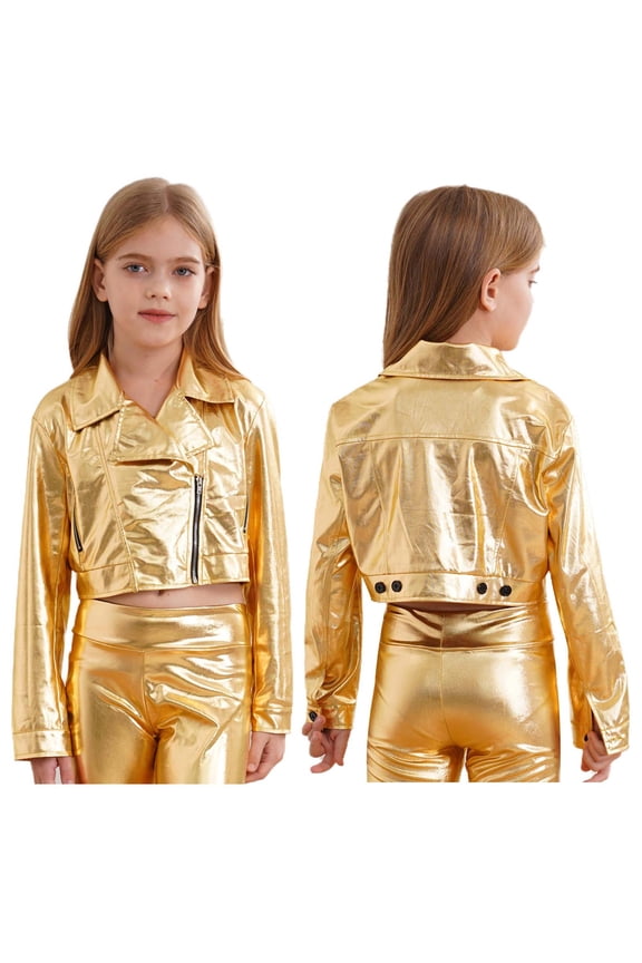 Kids Girls Shiny Metallic Long Sleeve Biker Motorcycle Jacket Hip Hop Jazz Street Dance Tops Coat Gold 10
