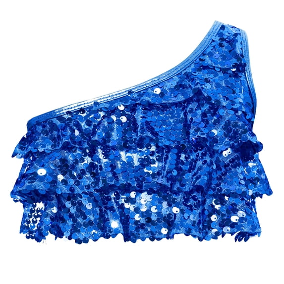 Sholeno Kids Girls Single Shoulder Sequins Vest Jazz Hip Hop Modern Latin Ballet Belly Dance Crop Top Royal Blue 4