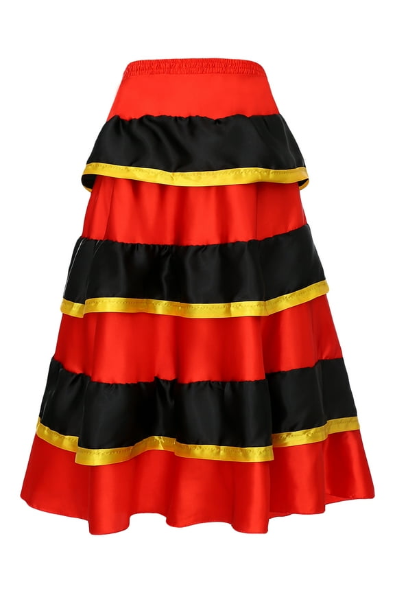 Kids Girls Spanish Flamenco Bull Dance Skirt Belly Dance Costume Red Black Color Block Tiered Red 140-150