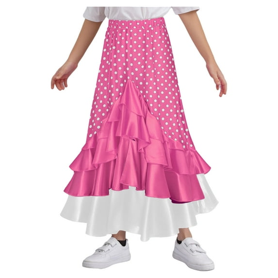Sholeno Kids Girls Spanish Flamenco Dance Skirts Polka Dot Ruffle Long Mexican Folklorico Dancewear Hot Pink 8