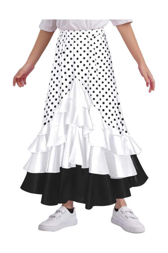 Kids Girls Spanish Flamenco Dance Skirts Polka Dot Ruffle Long Mexican Folklorico Dancewear White 14