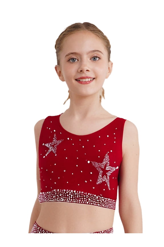 Kids Girls Sparkle Sports Bra Criss Cross Back Gymnastics Yoga Tank Vest Ballet Dance Tops Bralette Burgundy 6