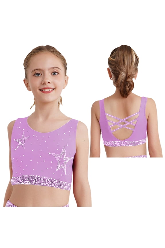 Kids Girls Sparkle Sports Bra Criss Cross Back Gymnastics Yoga Tank Vest Ballet Dance Tops Bralette Light Purple 6