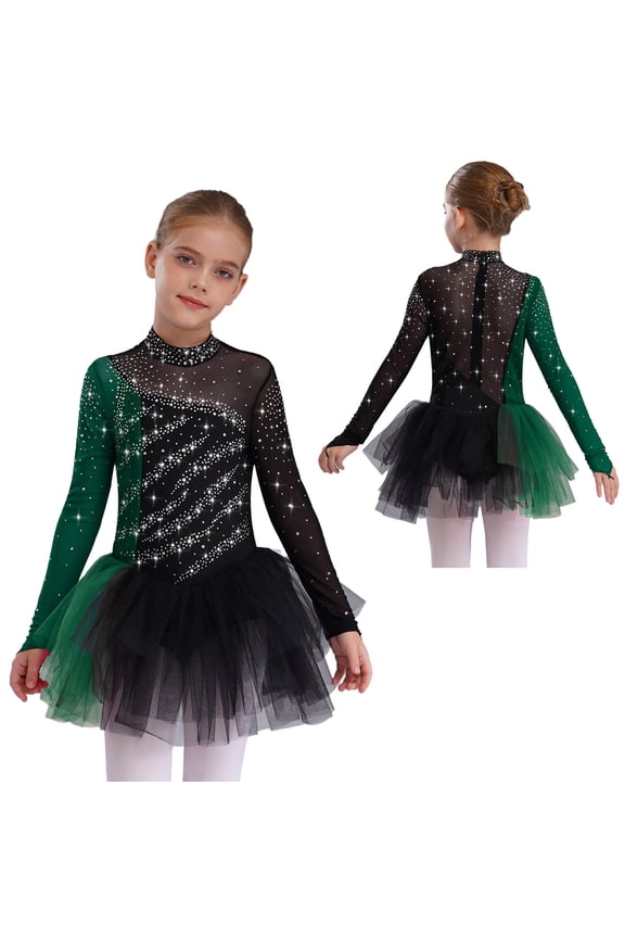 Kids Girls Sparkly Figure Skating Dress Long Sleeve Ballet Tutu Leotard Contemporary Dance Dress Black Green 16