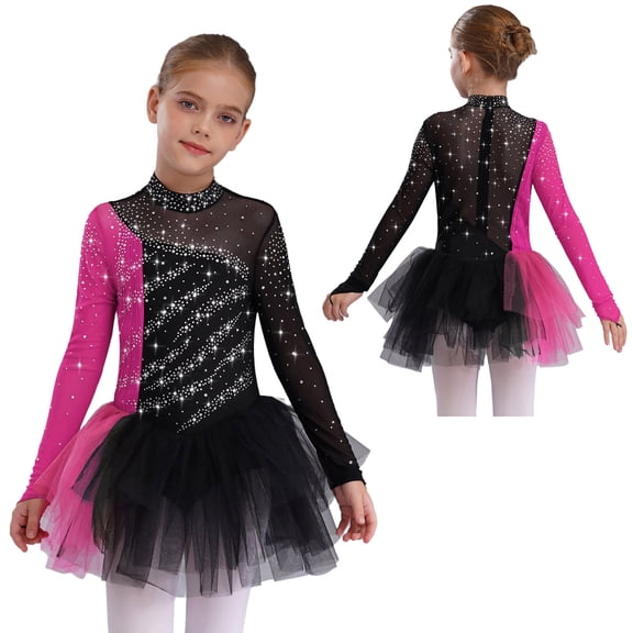 Sholeno Kids Girls Sparkly Figure Skating Dress Long Sleeve Ballet Tutu Leotard Contemporary Dance Dress Black Hot Pink 16