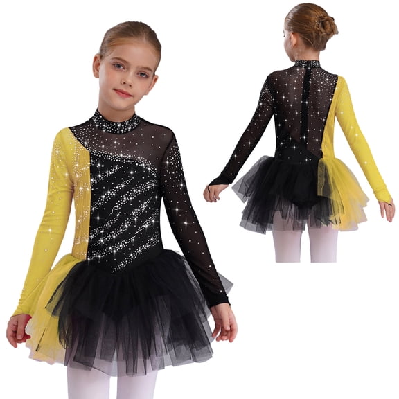 Sholeno Kids Girls Sparkly Figure Skating Dress Long Sleeve Ballet Tutu Leotard Contemporary Dance Dress Black Yellow 14