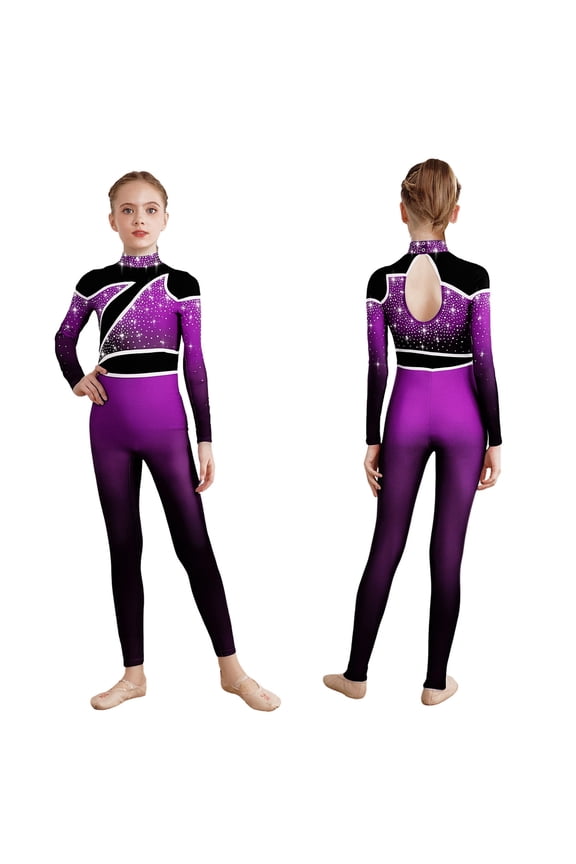 Kids Girls Sparkly Full Body Gymnastics Leotard Dance Bodysuit Jumpsuit Catsuit Long Sleeve Unitard Purple 8