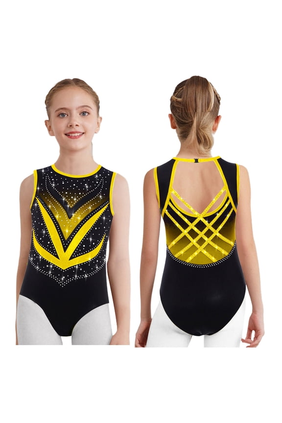 Kids Girls Sparkly Gymnastics Leotard Sleeveless Crisscross Back Ballet Dance Bodysuit Shiny Activewear Gold 10