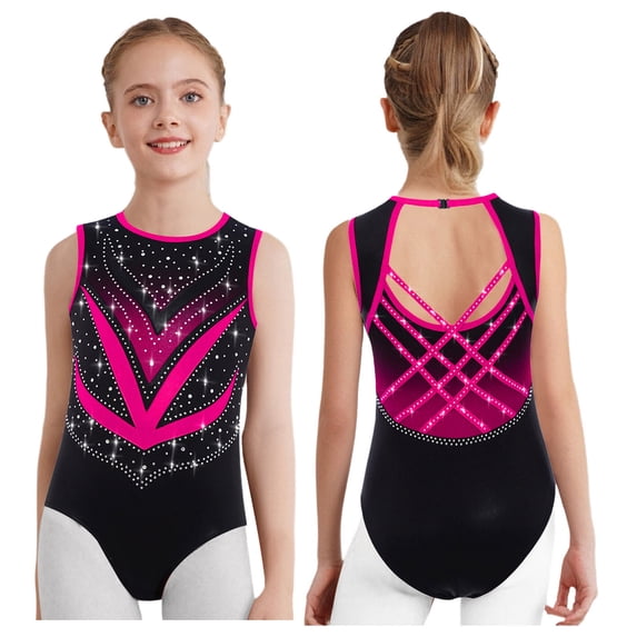 Sholeno Kids Girls Sparkly Gymnastics Leotard Sleeveless Crisscross Back Ballet Dance Bodysuit Shiny Activewear Hot Pink 10