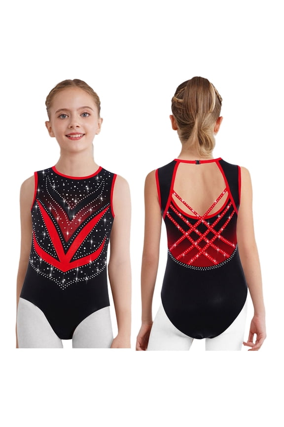 Kids Girls Sparkly Gymnastics Leotard Sleeveless Crisscross Back Ballet Dance Bodysuit Shiny Activewear Red 6